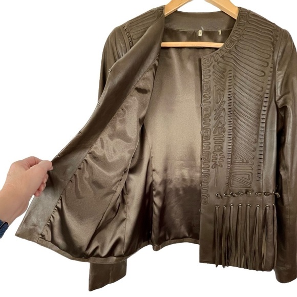 Elie Tahari Brown Genuine Leather Embellished w/ Tassels Blazer Jacket Sz. Small - Picture 6 of 15
